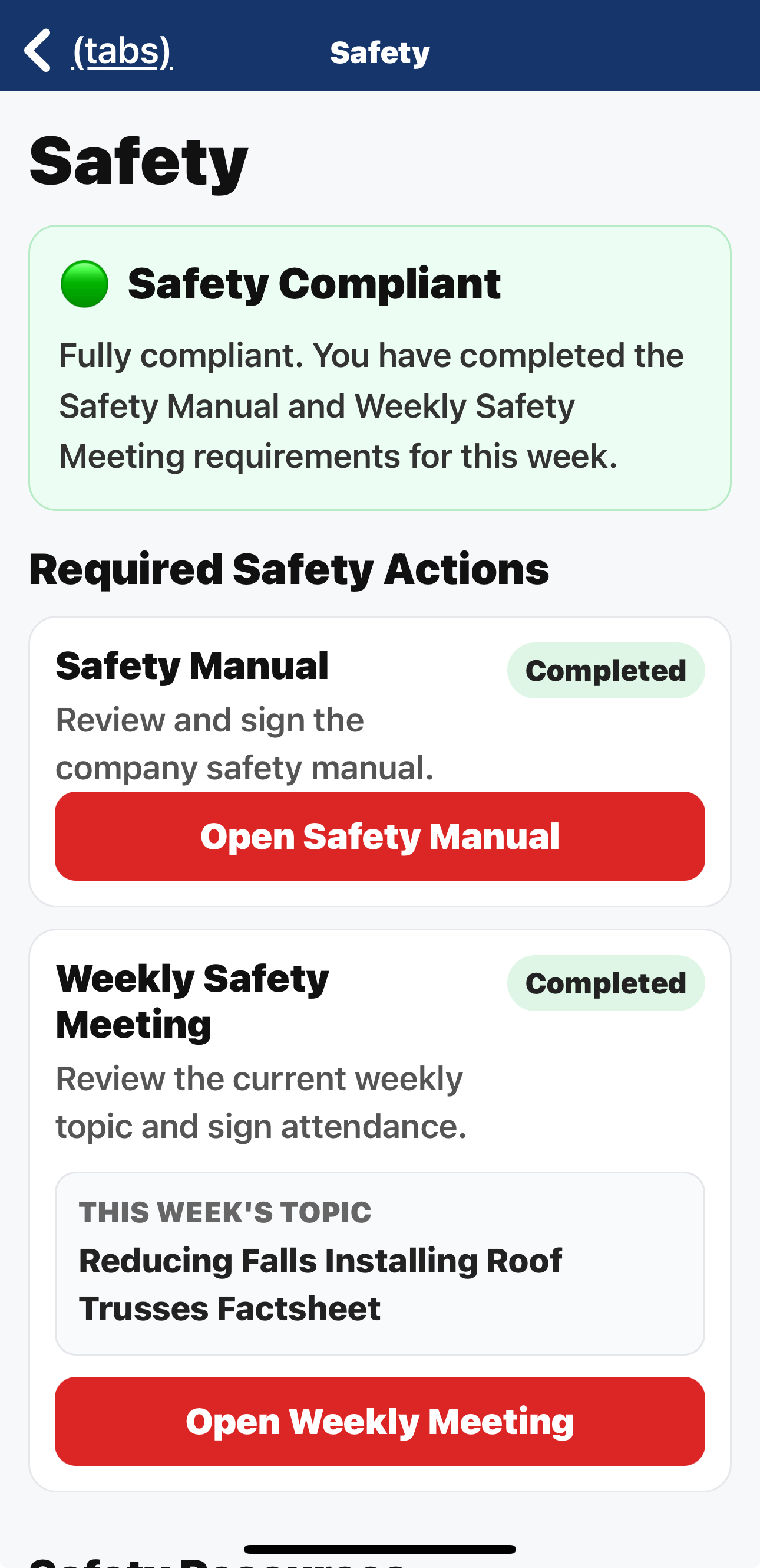 Safety screen in the app